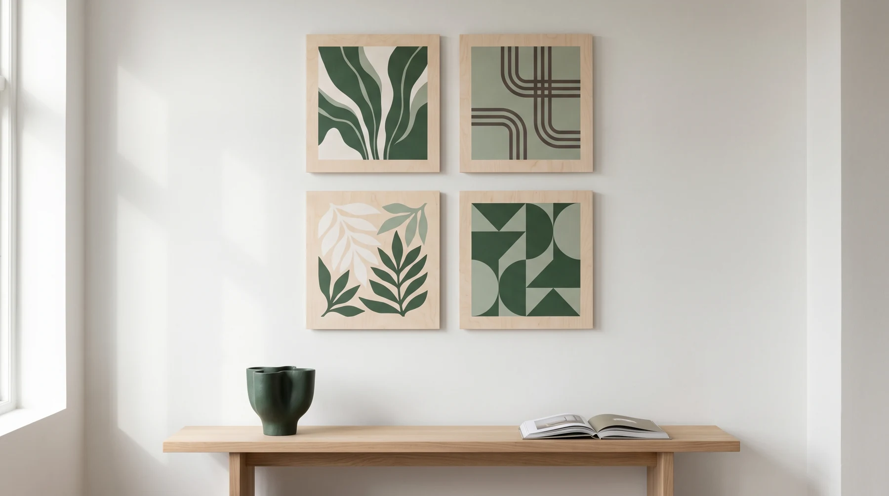 Composition de quatre panneaux décoratifs en bois clair sur un mur, au-dessus d’un banc en chêne
